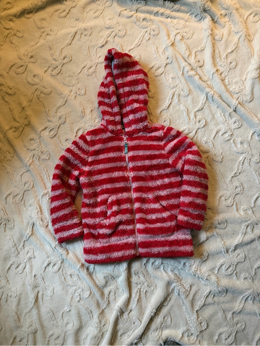 Mini Boden Fuzzy Hooded Zip Jacket in Red and Pink Stripes